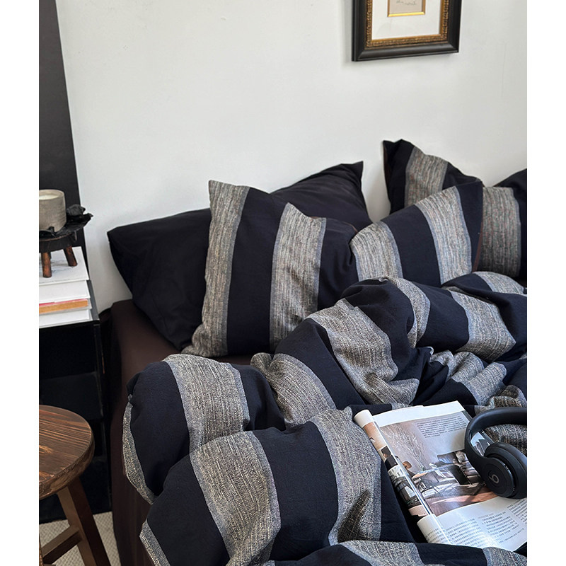 美式轻奢复古条纹A类全棉提花床单被套 纯棉高级感简约床品四件套