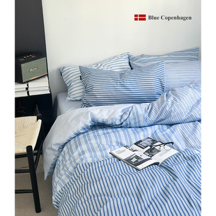 蓝色条纹全棉床上四件套北欧简约纯棉床单被套六件套 丹麦设计师款