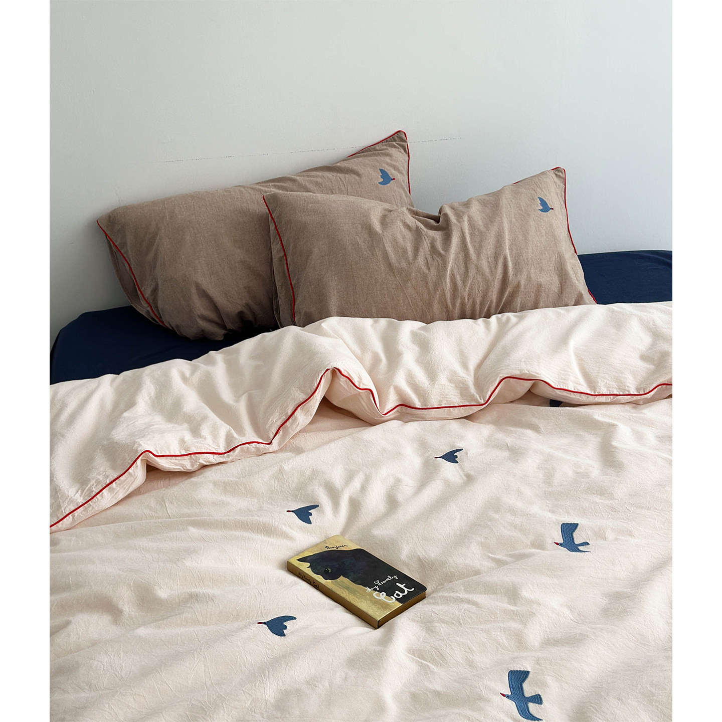 ins海鸥刺绣纯棉裸睡四件套