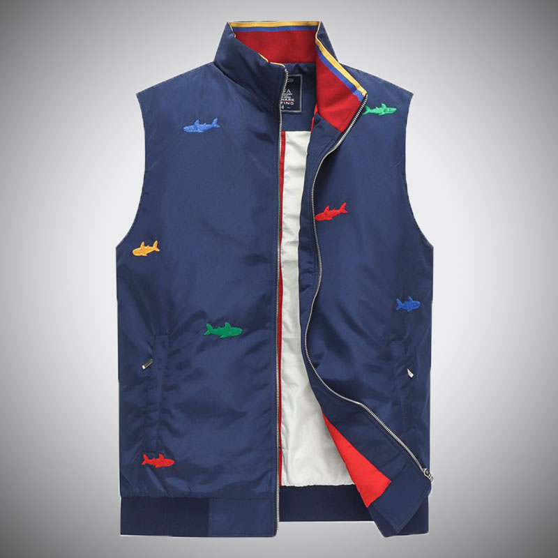 潮流马甲男士春秋加厚休闲运动马夹男外套鲨鱼刺绣潮牌坎肩背心潮