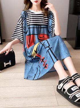 chic韩国卡通假两件遮肚宽松大码200斤短袖睡衣女夏季棉家居睡裙