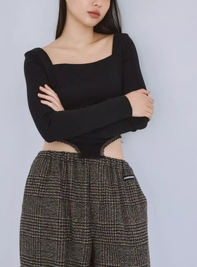 日单searoom原单2025秋方领长袖T恤女黑色薄款百搭设计感短款上衣