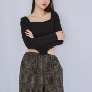 日单searoom原单2025秋方领长袖T恤女黑色薄款百搭设计感短款上衣