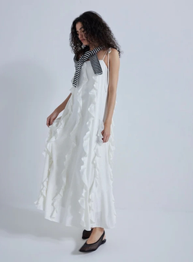 日单sear*om原单 2025新薄款褶边荷叶边露肩吊带度假风长款连衣裙