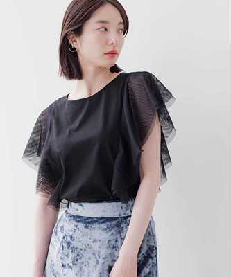 设计感网纱拼接飞飞袖衬衫上衣