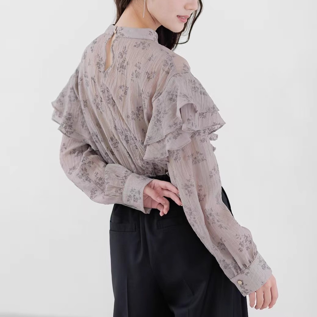 设计感百搭印花多层荷叶长袖衬衫