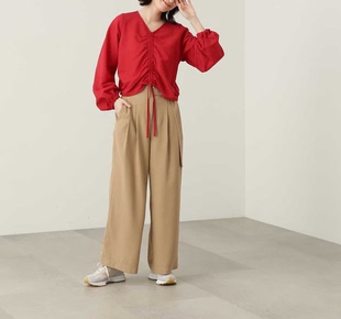 日单N.原单2023夏新日系风设计感小众高腰腰带宽松阔腿裤 女 休闲裤