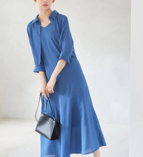 v领吊带连衣裙套装 日单andem 修身 单排扣衬衫 女 u原单2023夏新薄款
