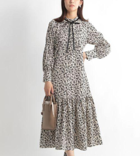 日单andem 原单2022早秋新复古优雅碎花绒带收腰垂感拼接连衣裙