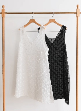 日单sear*om 原单2024夏新款薄款刺绣黑白长款无袖背心长开衩上衣