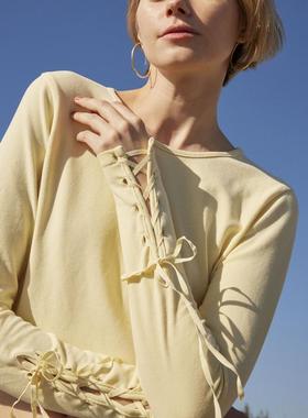 日系sear*om 原单2024年设计感小众甜美可爱圆领绑带袖长袖上衣女