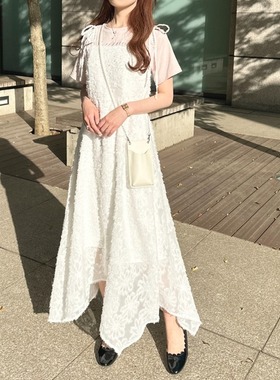 日单apres jour原单2023夏季新绒花面料不规则裙摆绑带吊带连衣裙