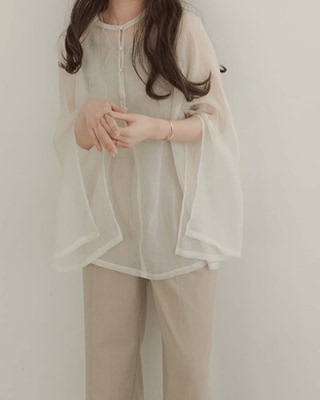 衬衫淡色网纱开衩设计感原单日系