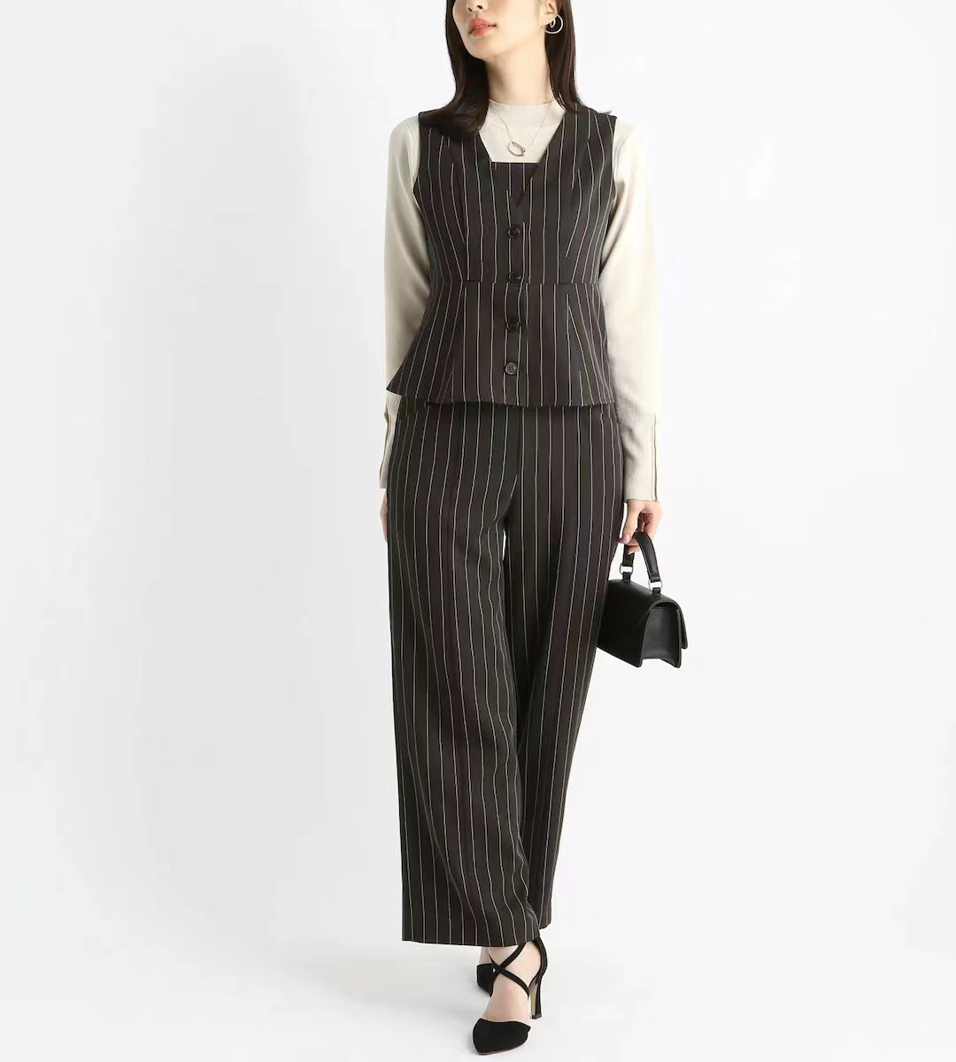 日单andem*u 原单2024早春新款职场风优雅马甲吊带连体裤两件套装