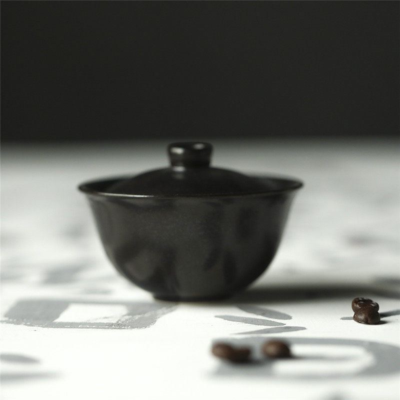 景德镇陶艺迷你二才盖碗手作大漆质感黑釉高温陶瓷泡茶杯功夫茶具