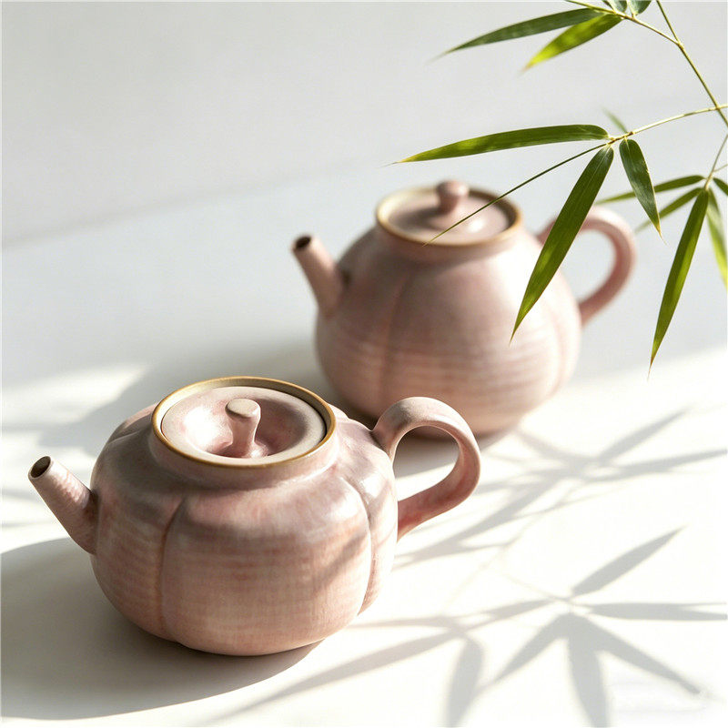 手作苏打釉樱花粉南瓜小品茶壶