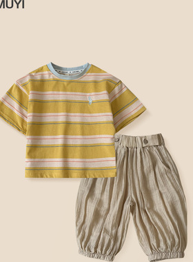 品牌特价撤柜夏季薄款宝宝衣服条纹T恤防蚊长裤wf202777+wf202646