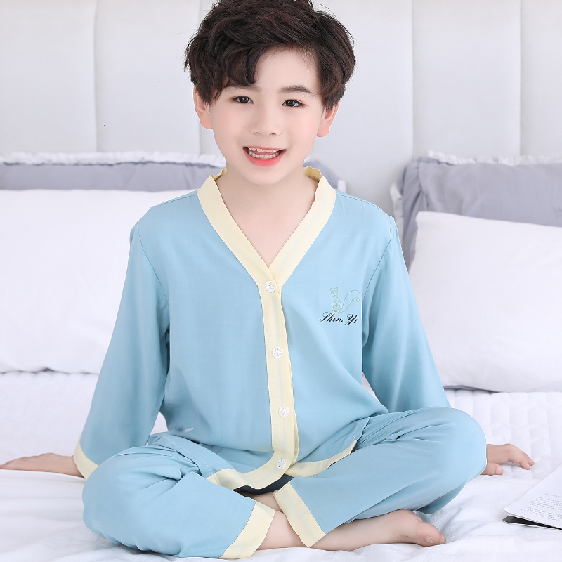 Đồ ngủ trẻ em bộ đồ dài tay lụa cotton mẫu mỏng bé trai mùa hè bộ đồ mặc nhà điều hòa lụa cotton trẻ em trai lớn