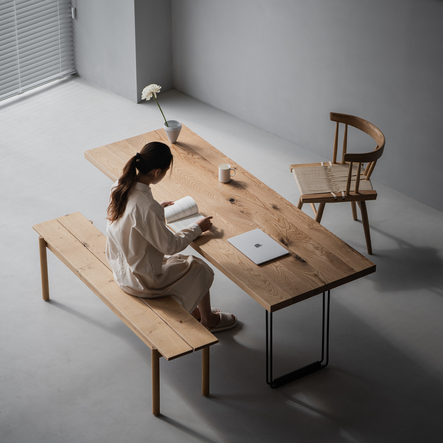 叁几 镜花 法国白橡木实木餐桌餐厅饭桌侘寂风家用长方形书桌茶桌