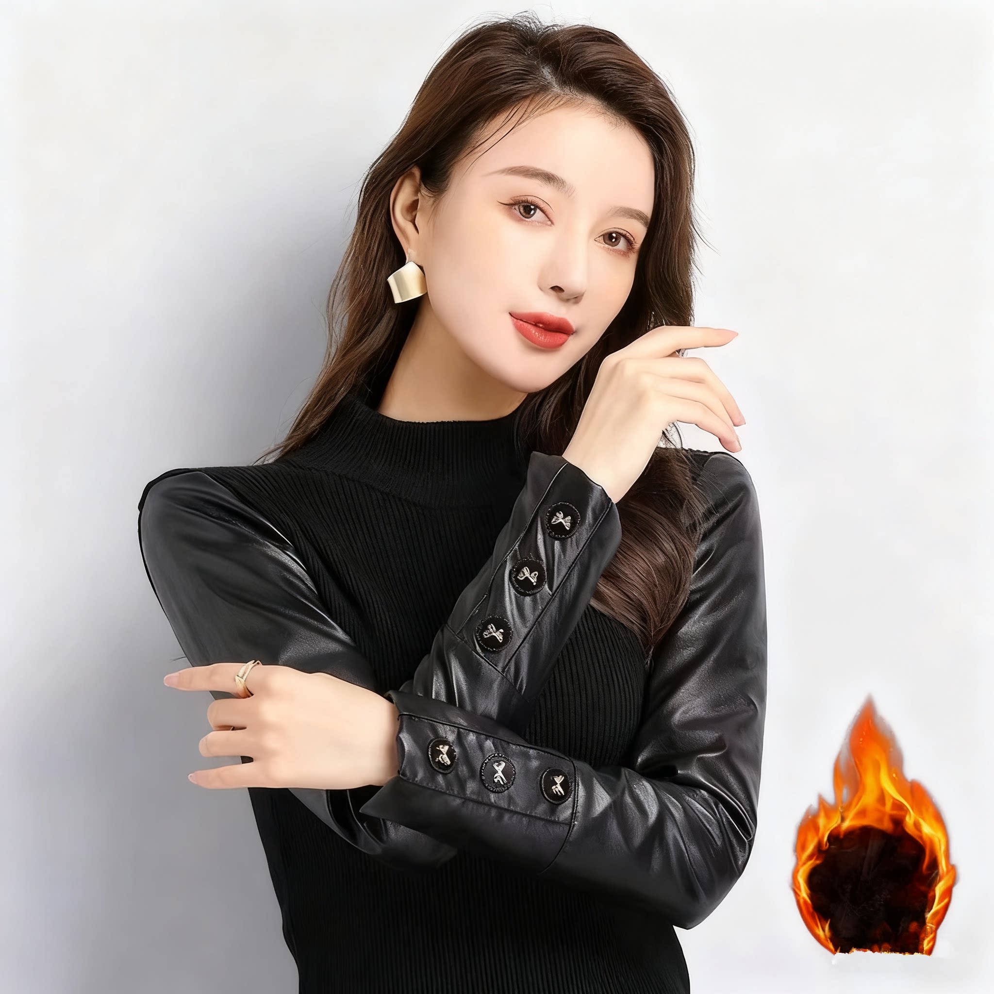 马甲神器pu皮拼接皮袖打底衫加绒加厚毛衣女2026新款修身洋气内搭