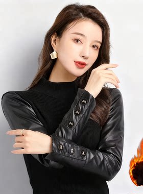 拼接PU皮袖打底衫女冬2026新款时尚洋气棉袖毛衣袖子加绒夹棉内搭