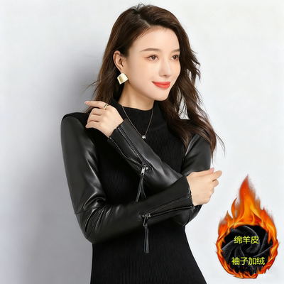 绵羊皮打底衫羽绒袖套头高领毛衣