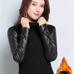 袖 女冬季 子加棉加厚棉袖 小衫 黑色高领内搭 拼接皮袖 配皮草 打底衫