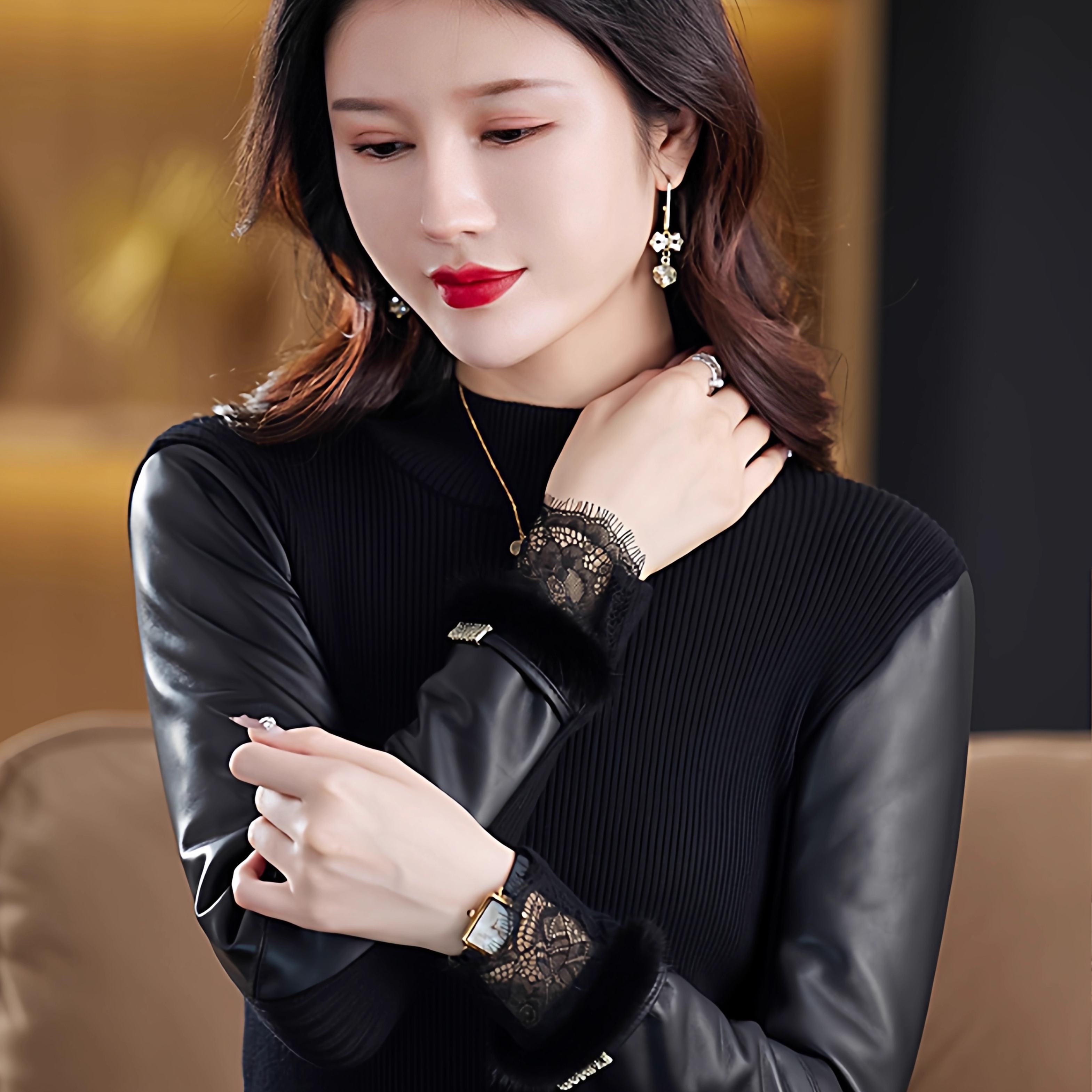 加厚毛衣皮袖打底衫女冬真皮绵羊