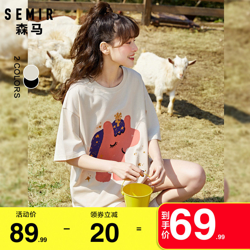 森马短袖T恤女2022夏季新款oversize印花女士上衣宽松中长款半袖