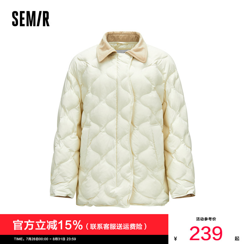 森马羽绒服女中长款轻薄肌理宽松2025新款撞色灯芯绒翻领冬装复古