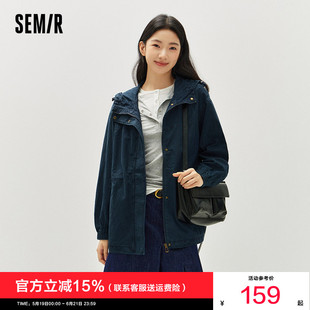 森马牛仔外套女秋季中长款宽松做旧连帽落肩收腰夹克女生蓝色衣服