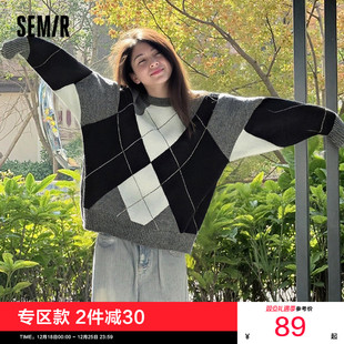 慵懒学院风毛衫 森柔 森马毛衣女冬菱形格撞色落肩圆领宽松针织衫