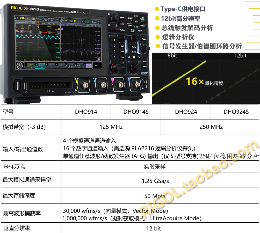 现货普源DHO924S/914S数字示波器12位高分辨率逻分+信号源DPO900