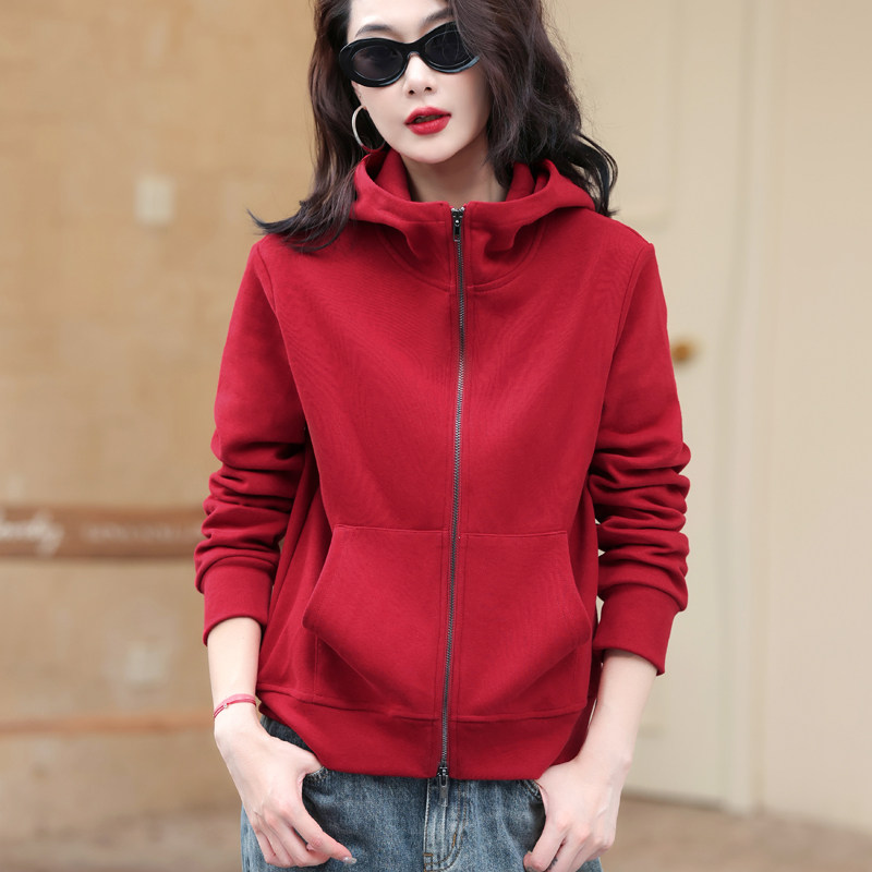 秋冬大码简约时尚纯色开衫中年连帽卫衣外套百搭休闲减龄运动上衣