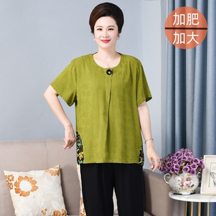 棉麻短袖 奶奶夏装 两件套休闲宽松套头T恤 加肥加大码 中老年妈妈装