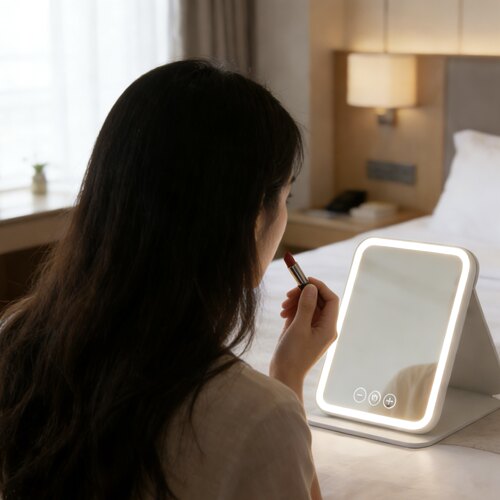 酒店带灯化妆镜led便携折叠台式桌面可立宿舍镜子智能美妆镜旅行