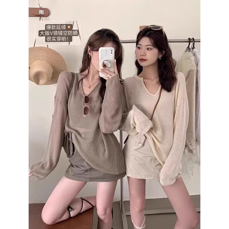 秋冬新款冰丝针织衫女夏季配吊带外搭防晒罩衫套头上衣宽松慵懒风