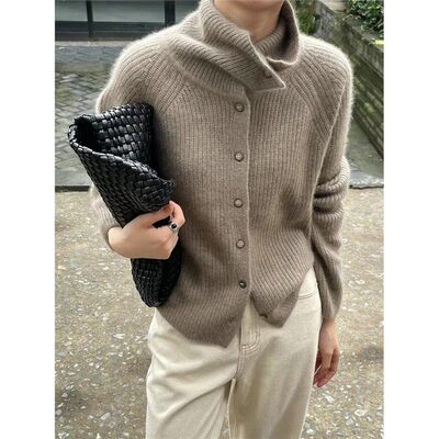 欧货/高领针织开衫女纯羊