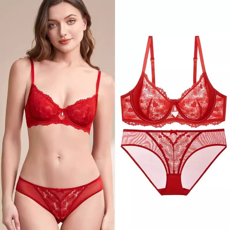 维多利亚性感蕾丝红色内衣女大胸显小收副乳防下垂本命年文胸套装