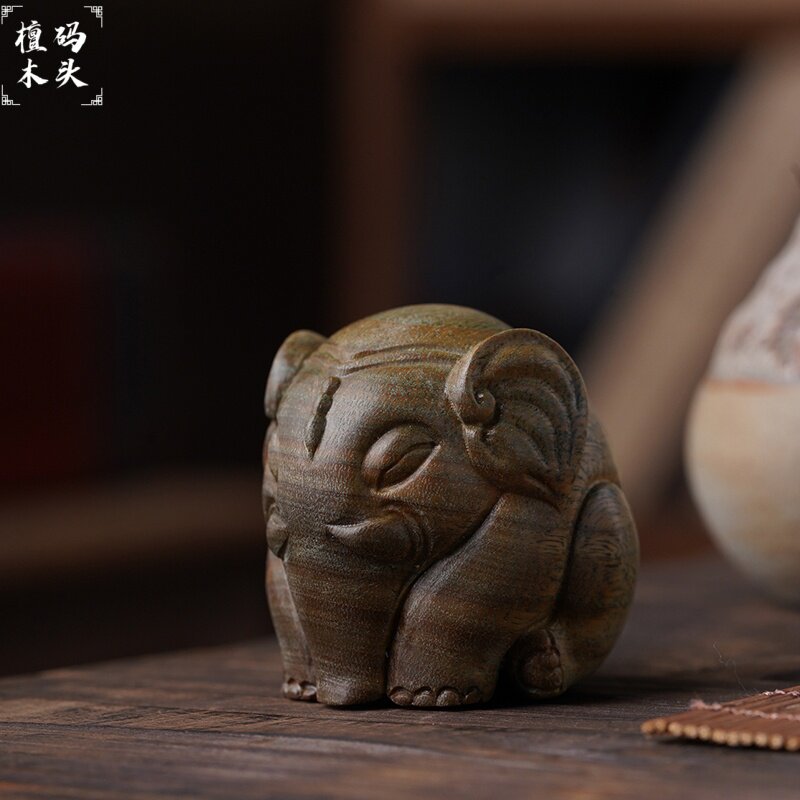 绿檀木雕刻大象手把件文玩手工创意实木质吉祥招财便携工艺品摆件