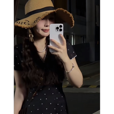 8360#夏季法式墨点星芒连衣裙碎花常规显瘦小众黑色长裙