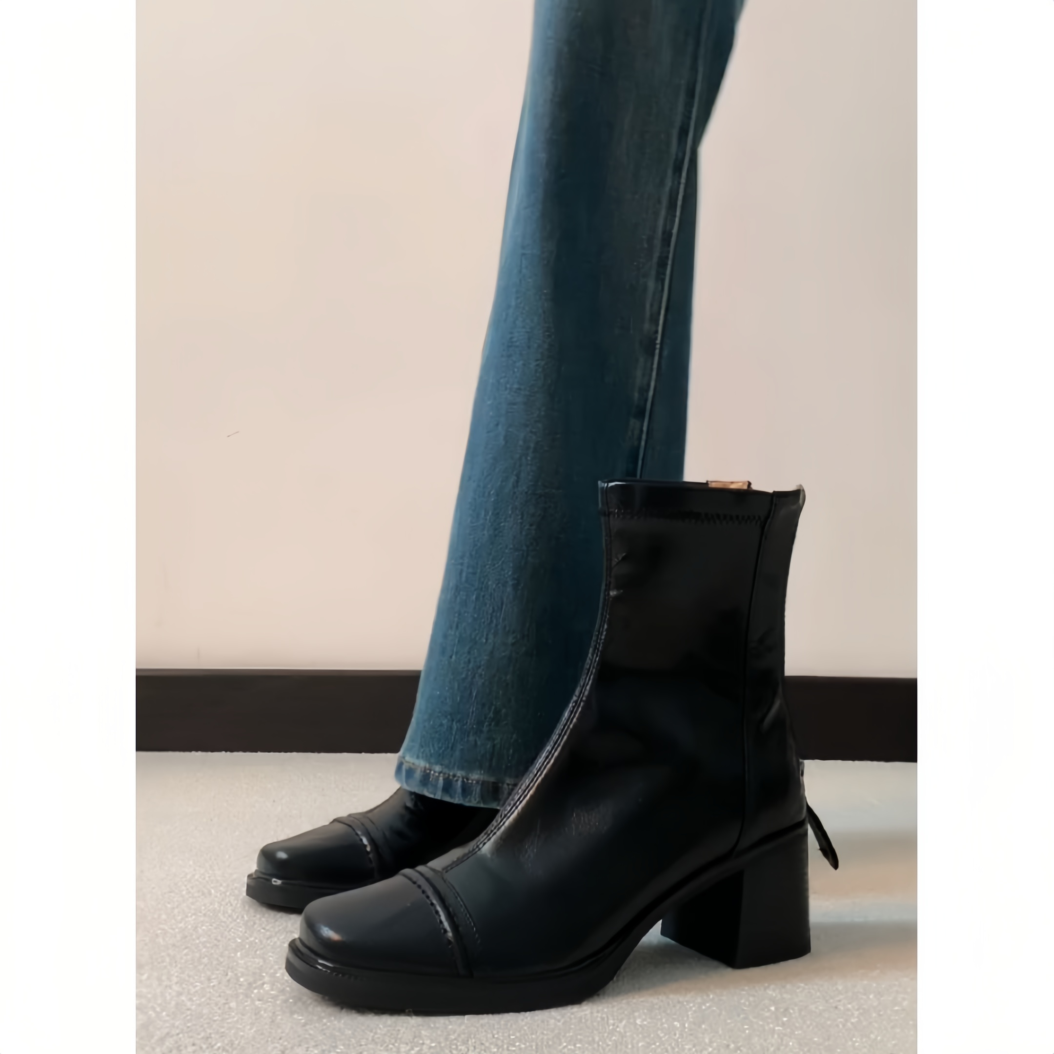 羊皮~真皮复古粗跟弹力瘦瘦靴女