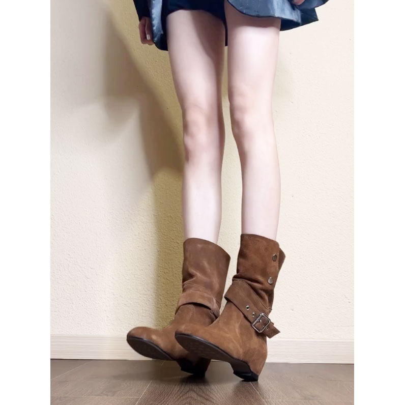 牛皮版~皮带扣内增高西部牛仔靴