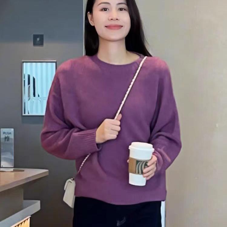 秋冬慵懒风紫色宽松套头毛衣女