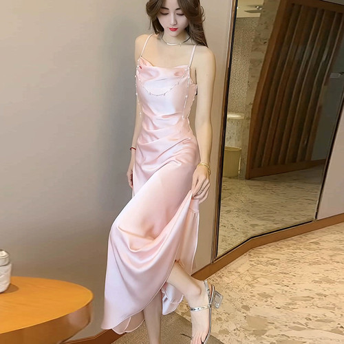 高端醋酸缎面露背性感开叉连衣裙