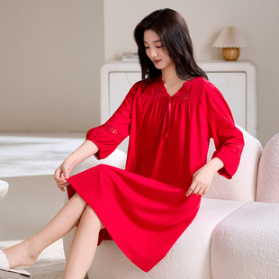 莫代尔棉睡裙女夏季薄款中长裙夏天凉感中年妈妈红色家居服连衣裙