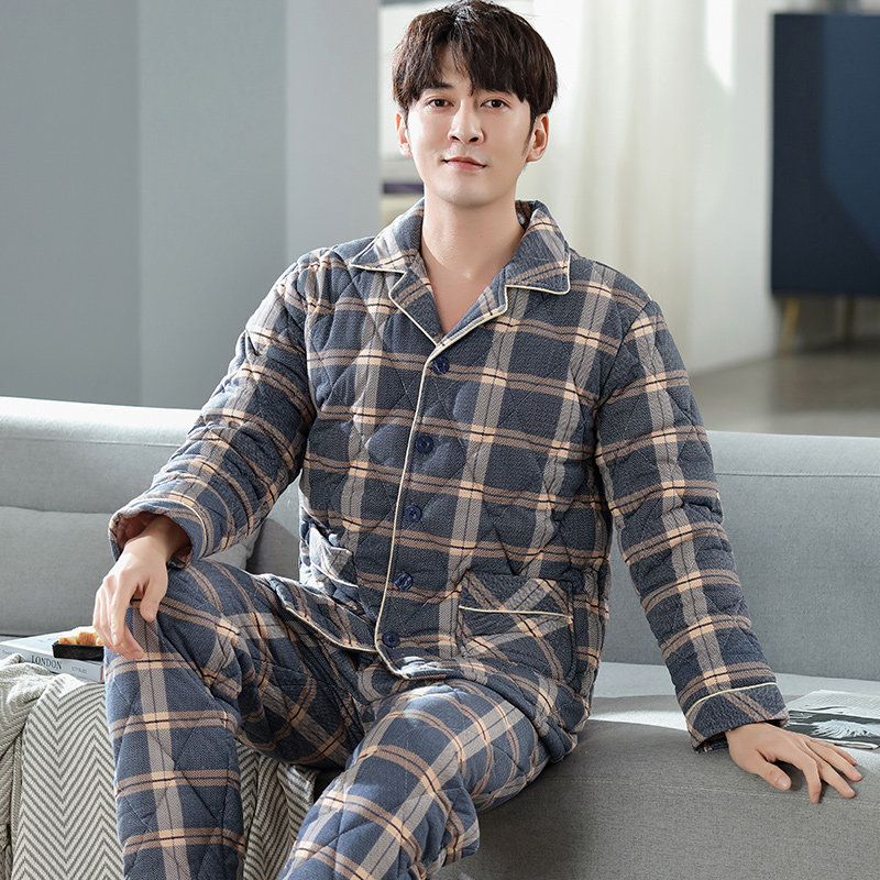睡衣男士冬季三层加厚纯棉冬天夹棉保暖大码中老年家居服两件套装