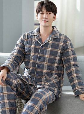 睡衣男士冬季三层加厚纯棉冬天夹棉保暖大码中老年家居服两件套装