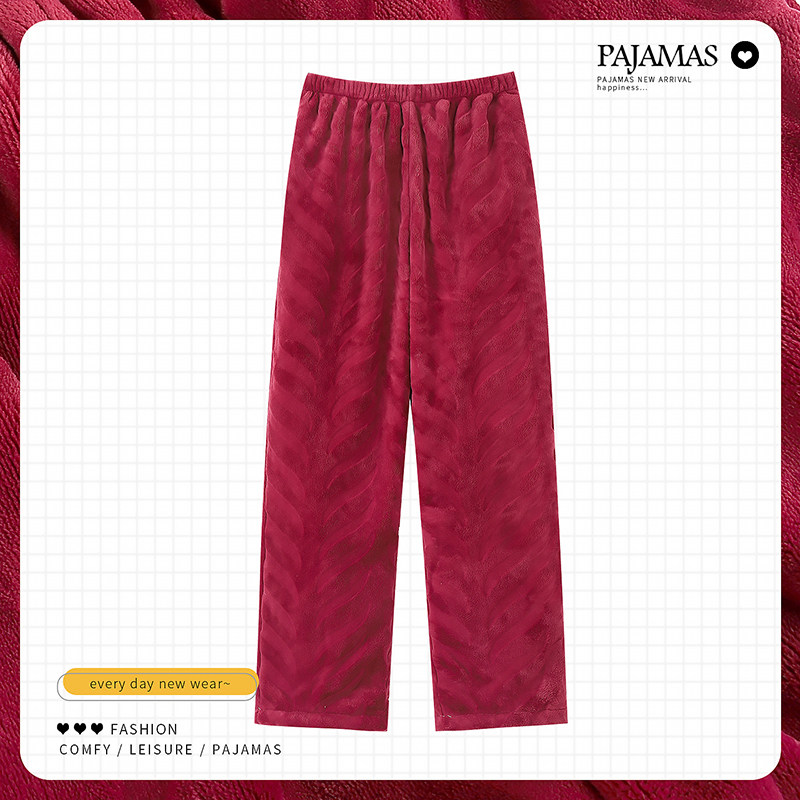 珊瑚绒睡裤女士秋冬季加绒加厚法兰绒暖暖裤中年妈妈宽松家居裤子