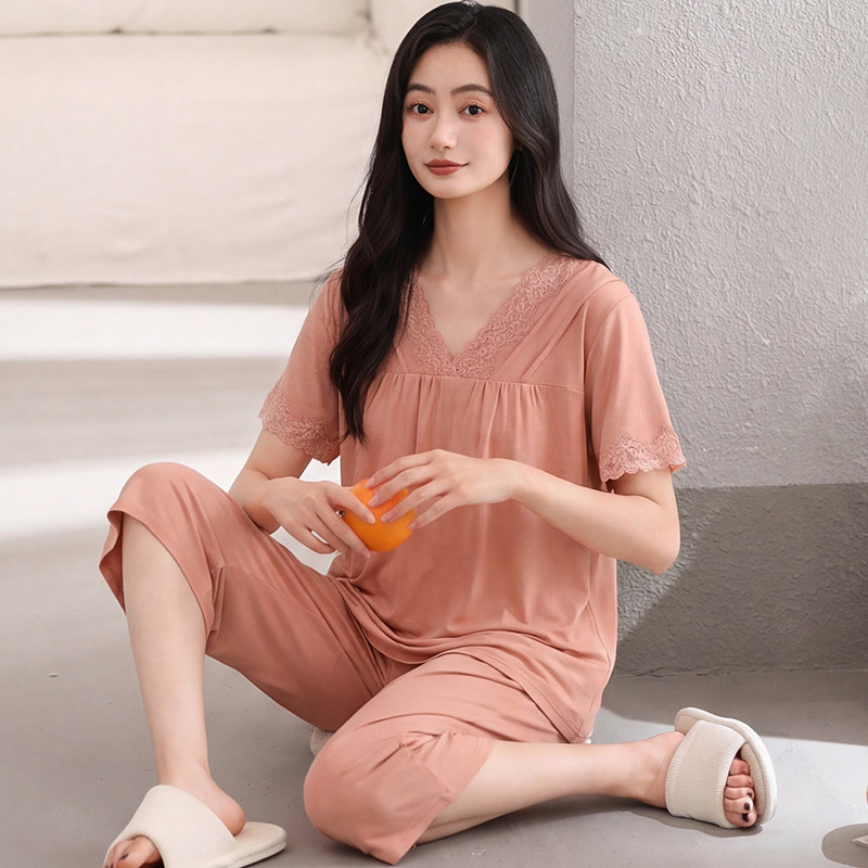 纯棉睡衣女夏季短袖七分裤女款加肥大码中年妈妈可外穿家居服套装